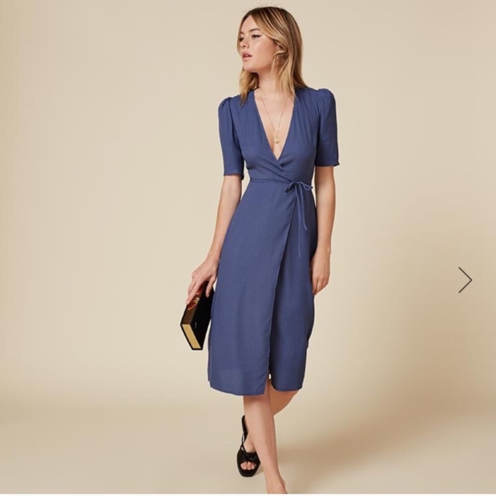Reformation Blue Midi Wrap Dress